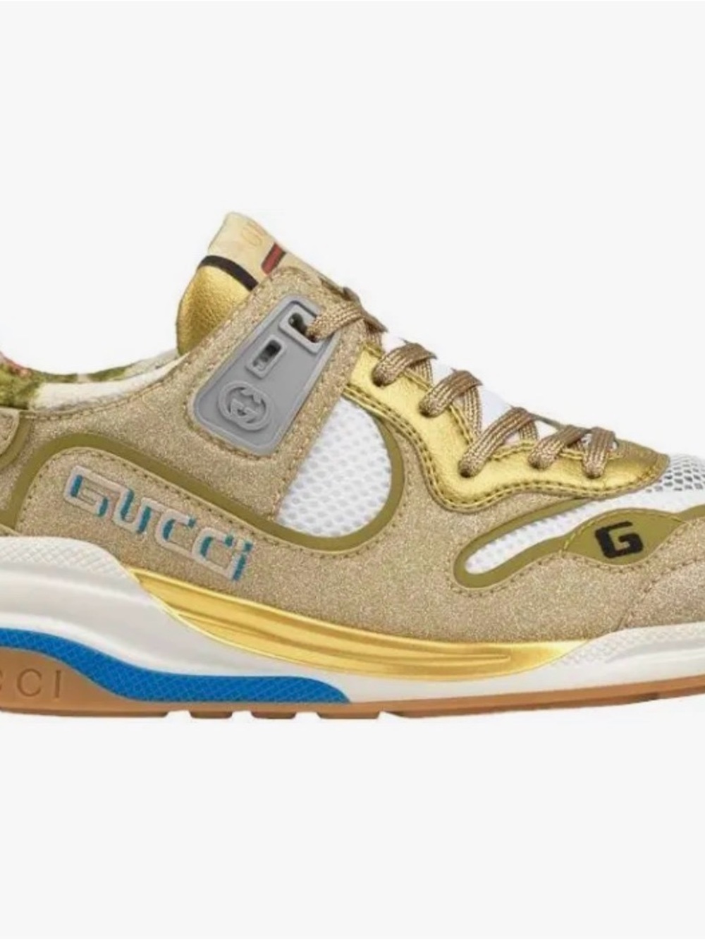 Gucci Ultraspace Gold Metallic, White & Blue Women's Runner Sneaker